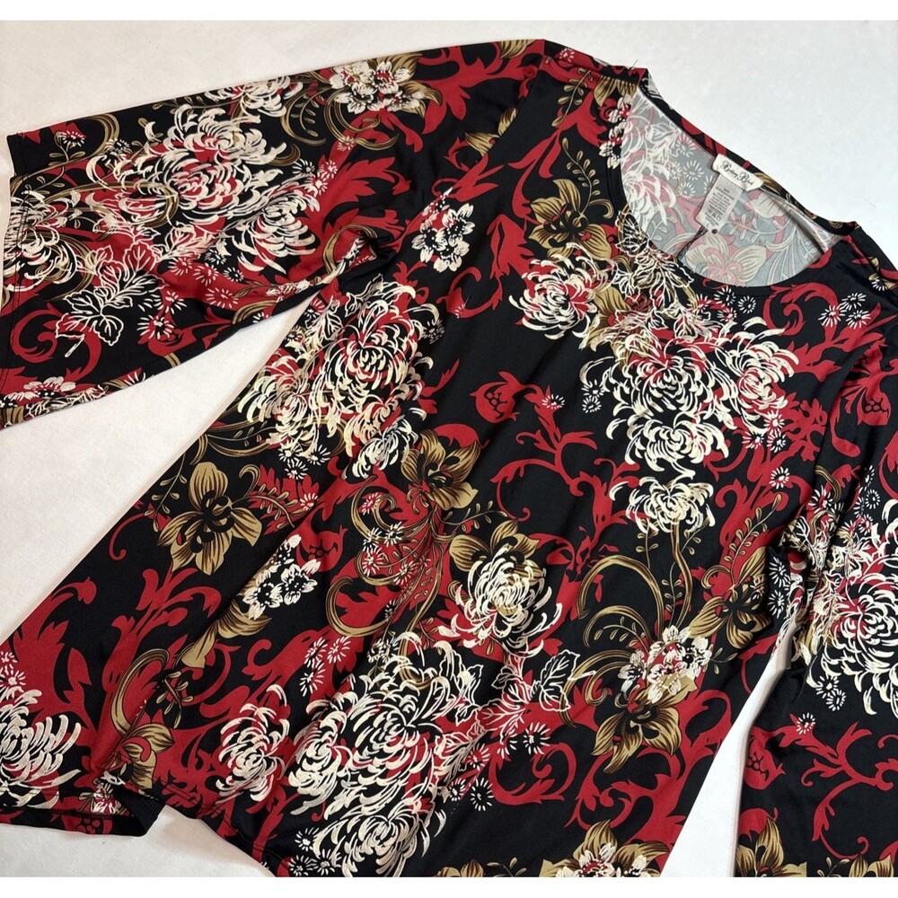 Brittany Black 3/4 Sleeve Stretch Red Gold Black Metallic Scoop Neck Size Large